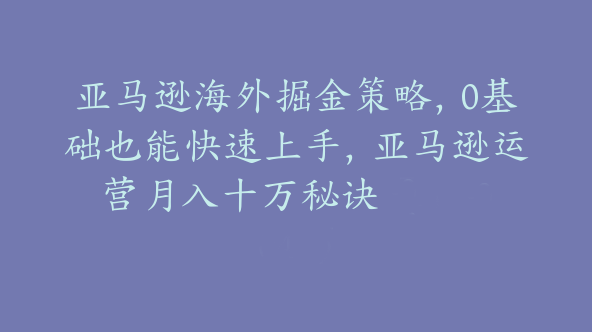 亚马逊海外掘金策略，0基础也能快速上手，亚马逊运营月入十万秘诀【Ac-0041】